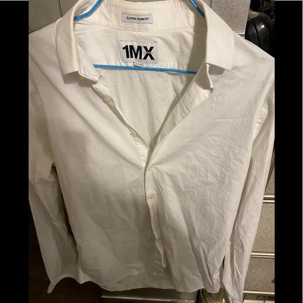 Crisp white long sleeve button down shirt by 1MX medium extra slim fit tailored